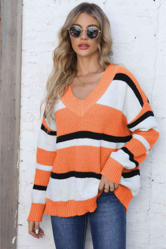 Color Block V-Neck Dropped Shoulder Sweater