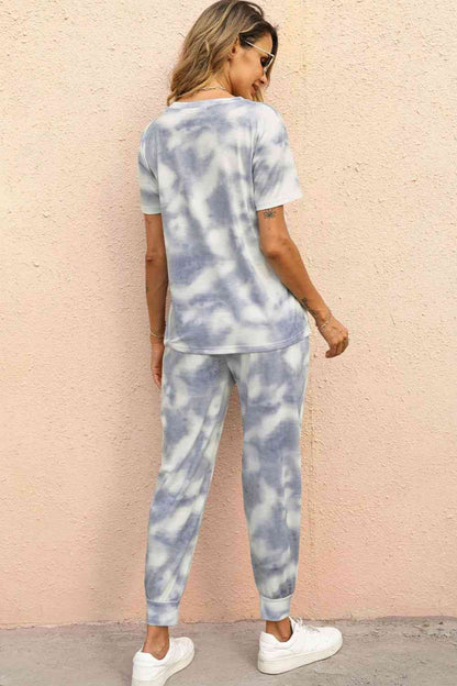 Tie-Dye Round Neck Short Sleeve Top and Pants Set