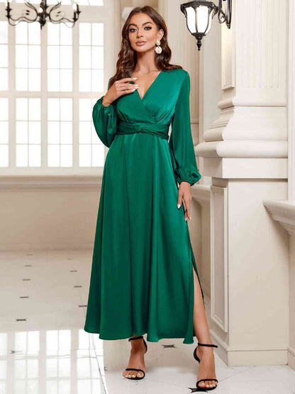 Surplice Long Sleeve Slit Midi Dress