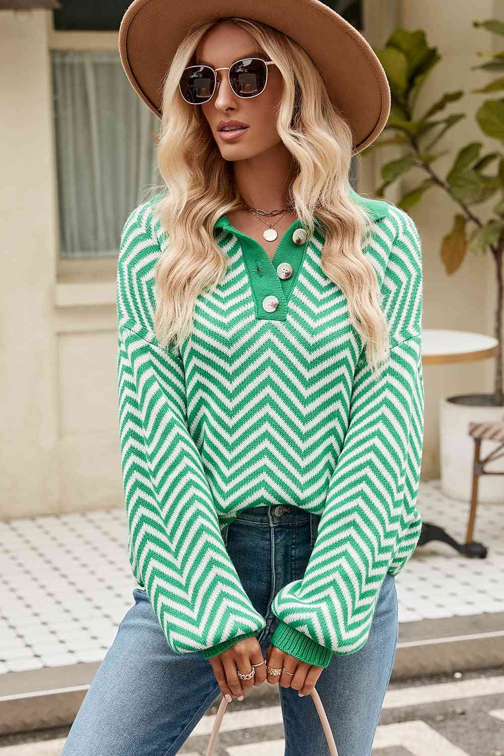 Striped Collared Neck Buttoned Pullover Sweater