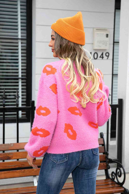 Printed Round Neck Long Sleeve Fuzzy Sweater