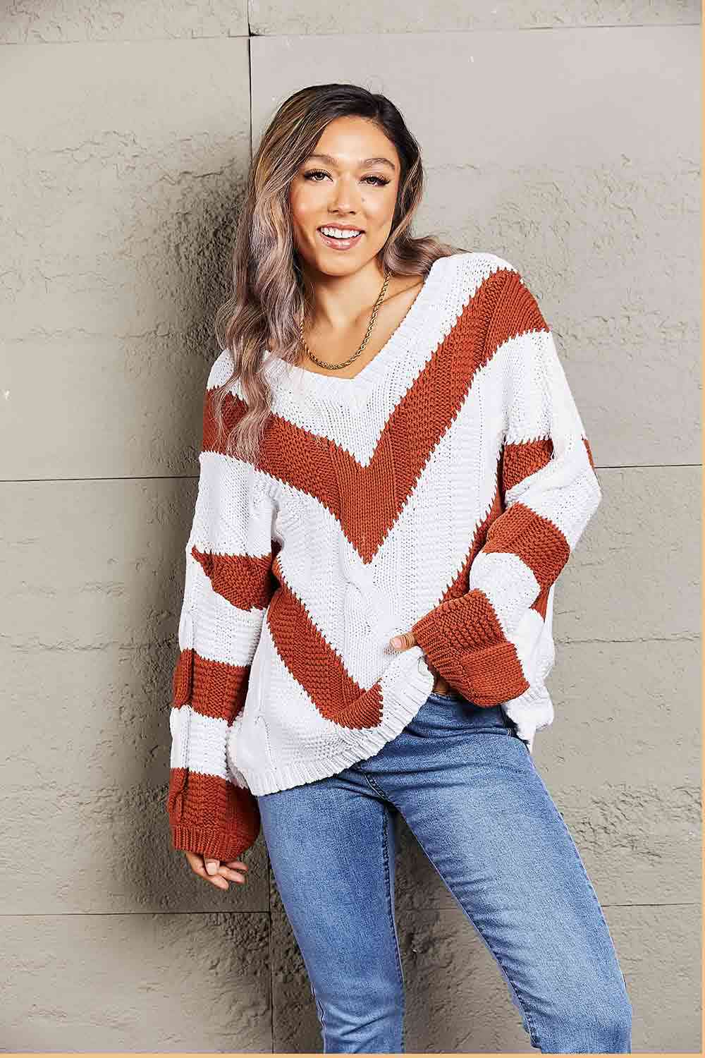 Woven Right Chevron Cable-Knit V-Neck Tunic Sweater