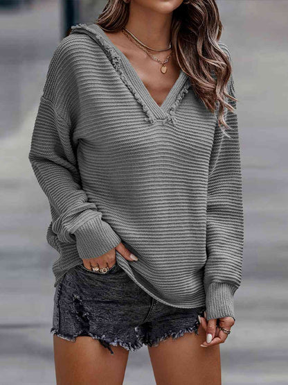 Ribbed Fringed V-Neck Hooded Sweater