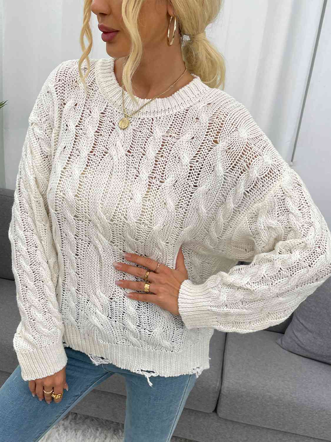 Openwork Distressed Long Sleeve Sweater