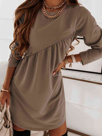 Ruched Round Neck Long Sleeve Dress