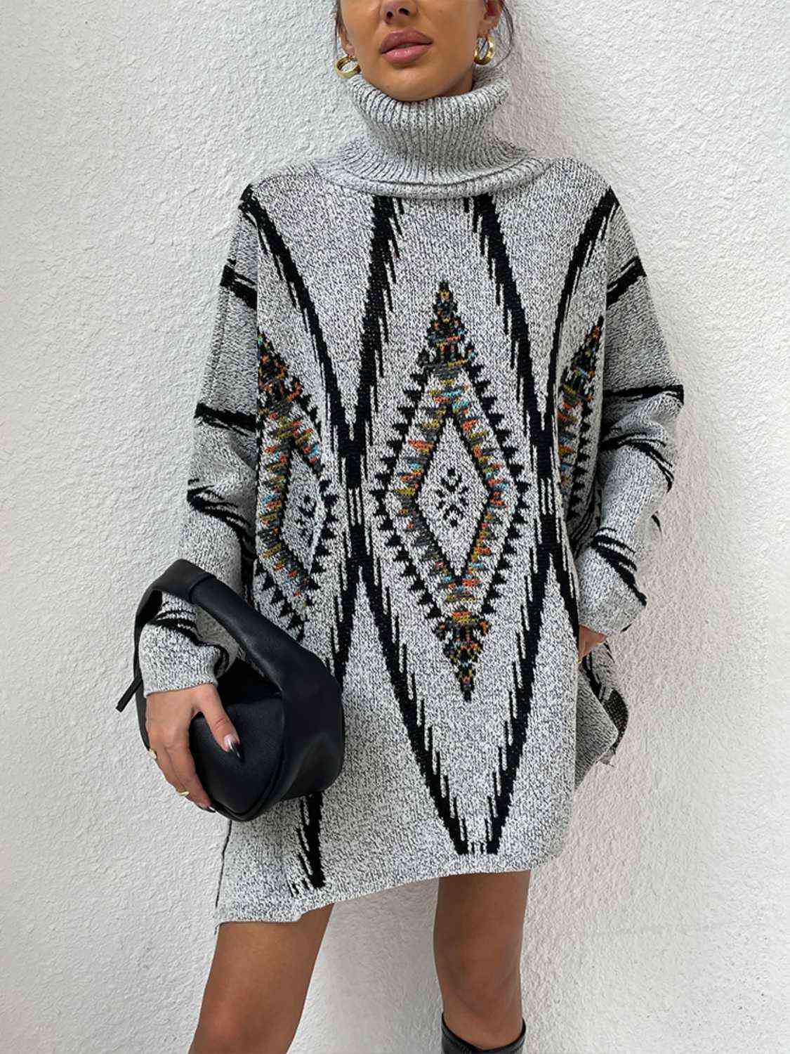 Turtleneck Slit Geometric Sweater