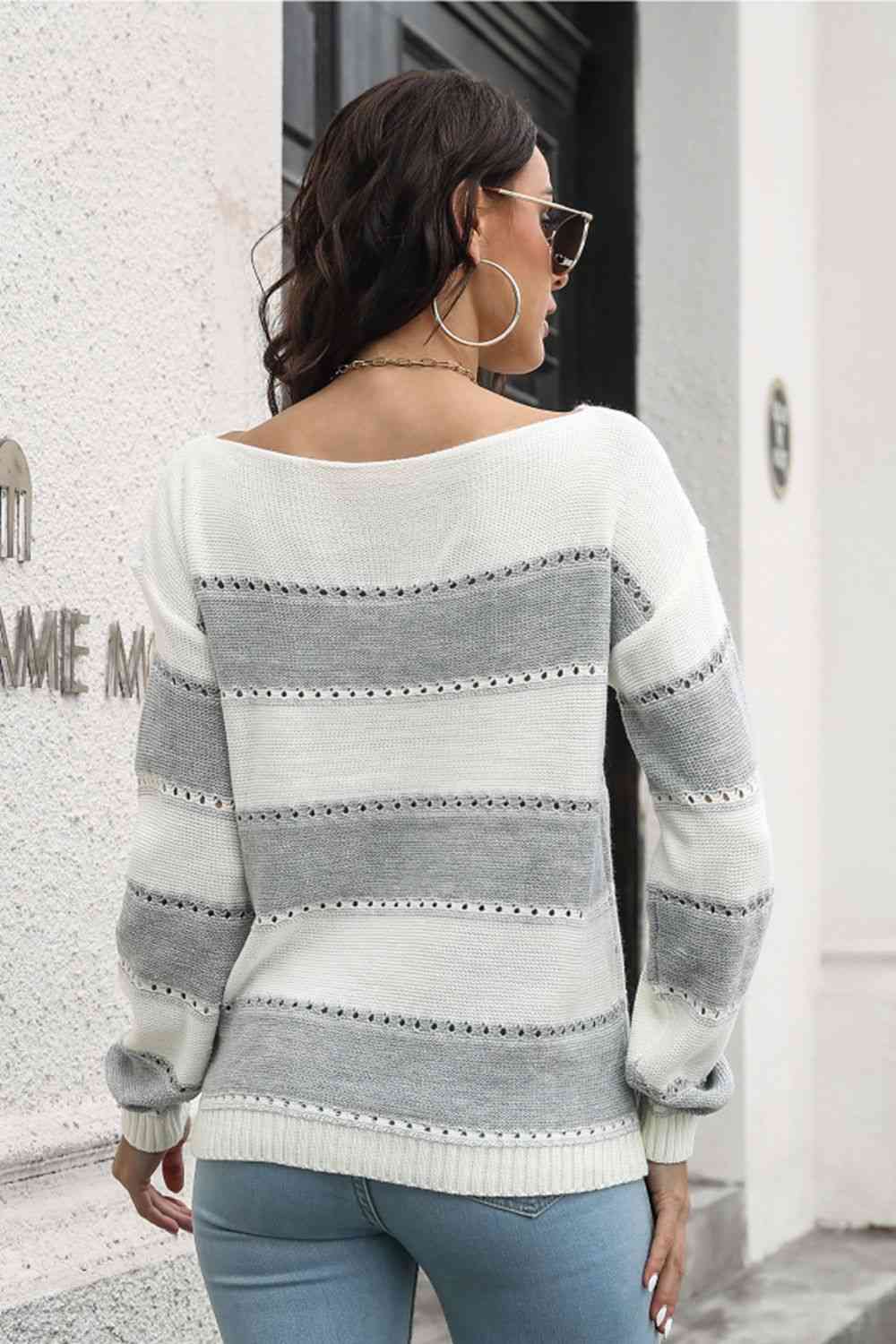 Striped Boat Neck Dropped Shoulder Sweater