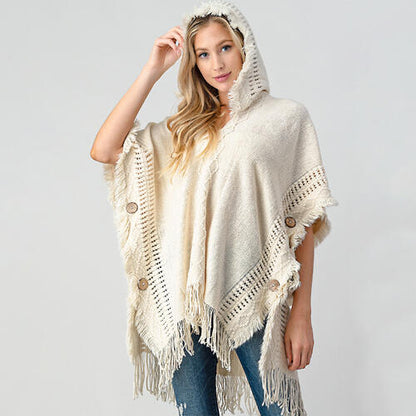 Fringed Crochet Buttoned Hooded Poncho