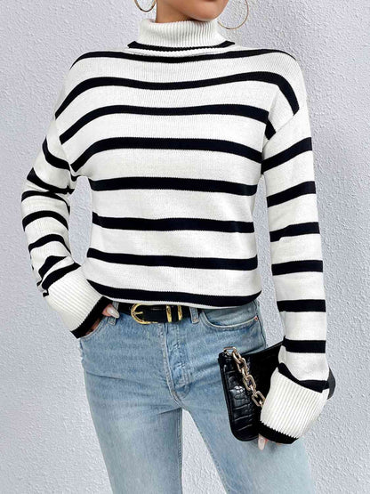 Striped Turtleneck Drop Shoulder Sweater