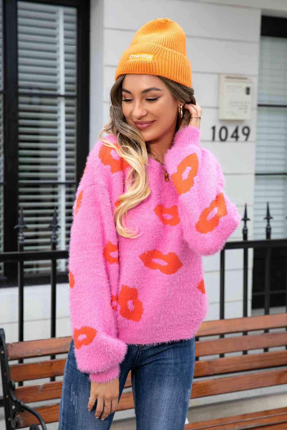 Printed Round Neck Long Sleeve Fuzzy Sweater