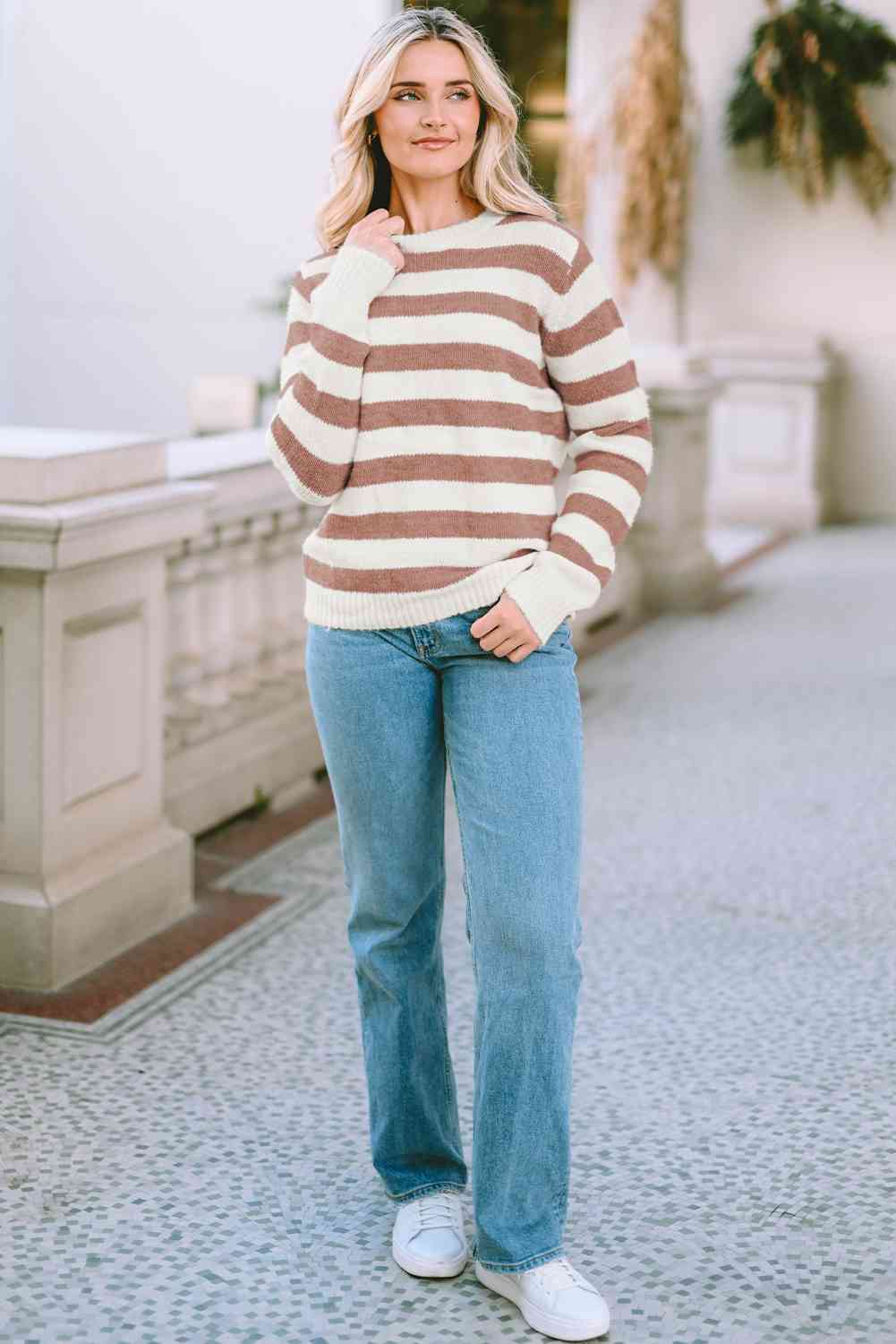 Striped Round Neck Long Sleeve Sweater