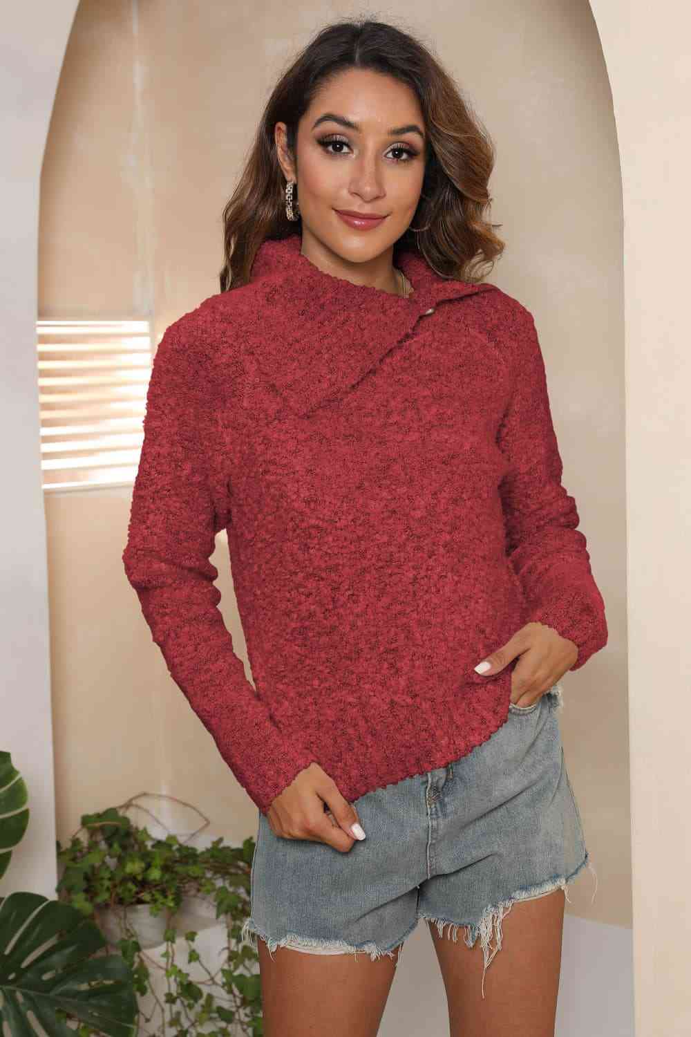 Asymmetrical Neck Long Sleeve Pullover Sweater