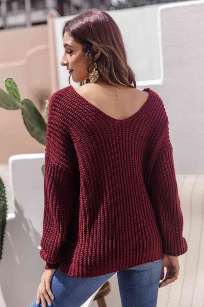 V-Neck Ribbed Knit Sweater