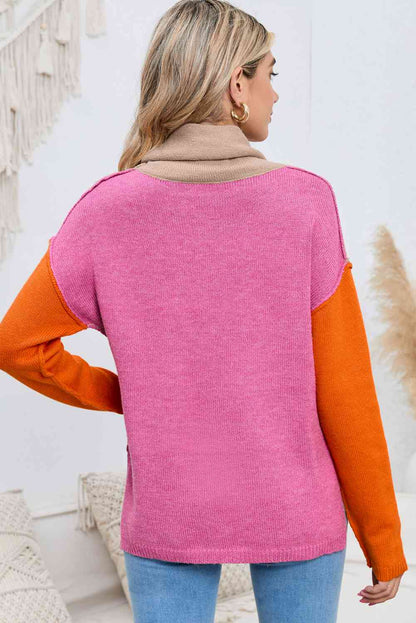 Turtle Neck Dropped Shoulder Slit Sweater