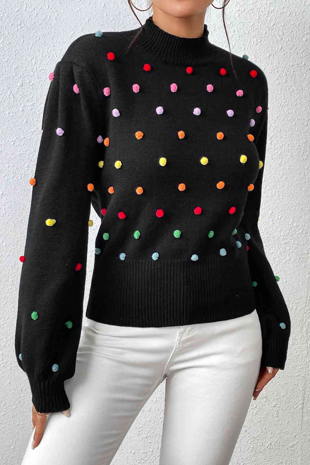 Pom-Pom Trim Mock Neck Long Sleeve Pullover Sweater