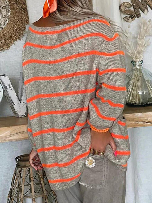 Striped Buttoned Long Sleeve Sweater with Pocket