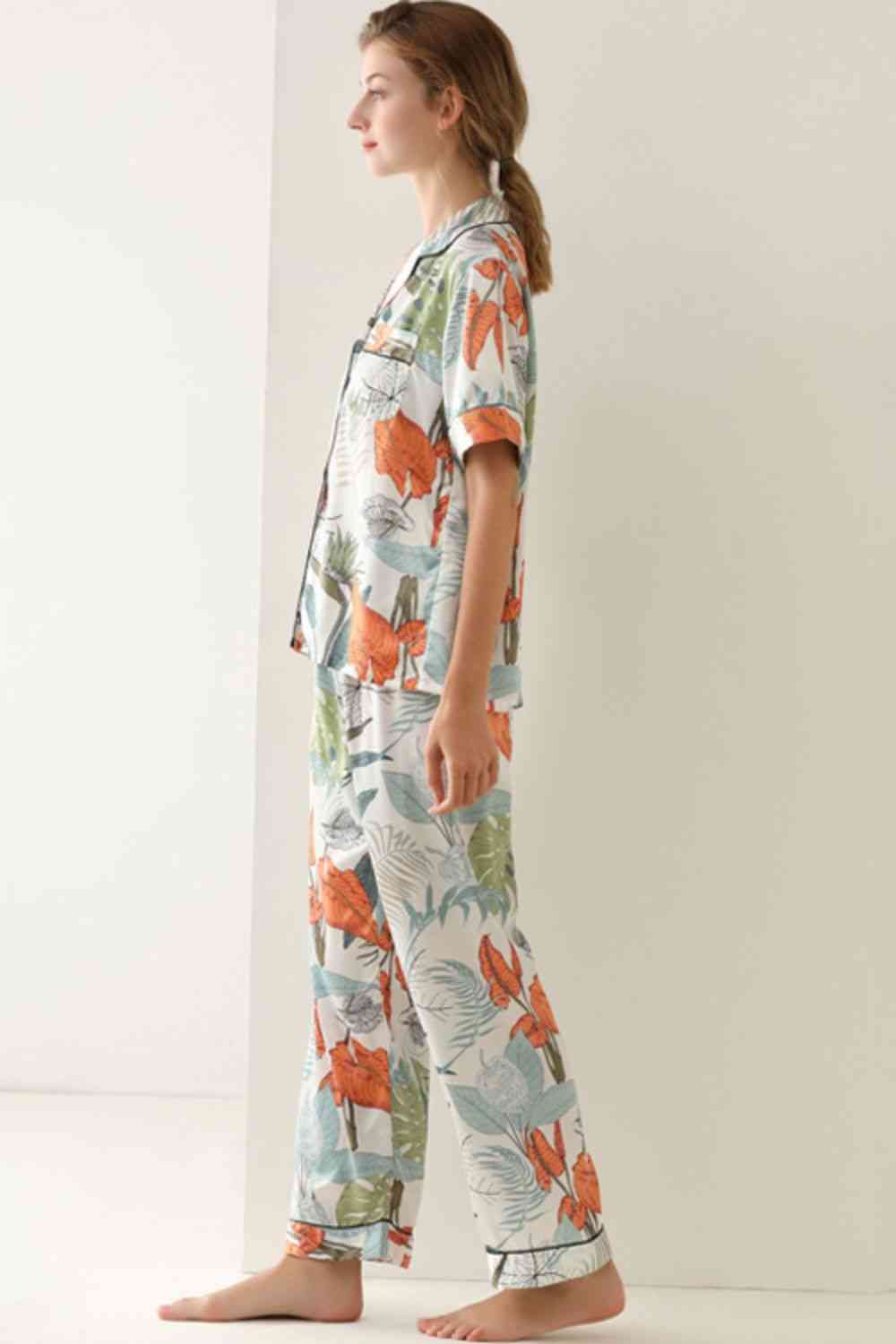 Botanical Print Button-Up Top and Pants Pajama Set