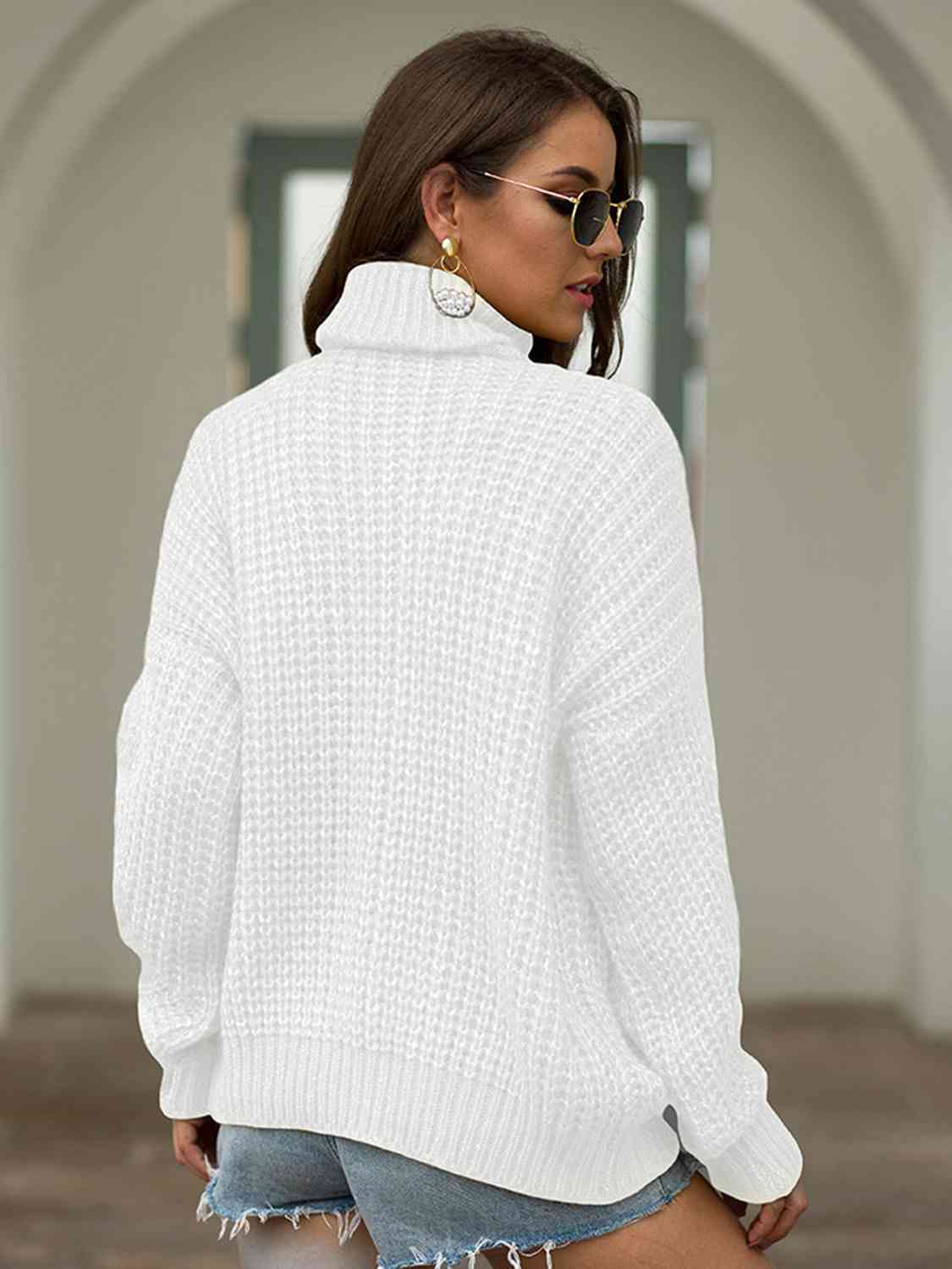 Turtleneck Cable-Knit Dropped Shoulder Sweater