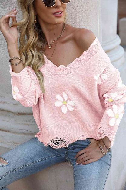 Flower Distressed Long Sleeve Sweater