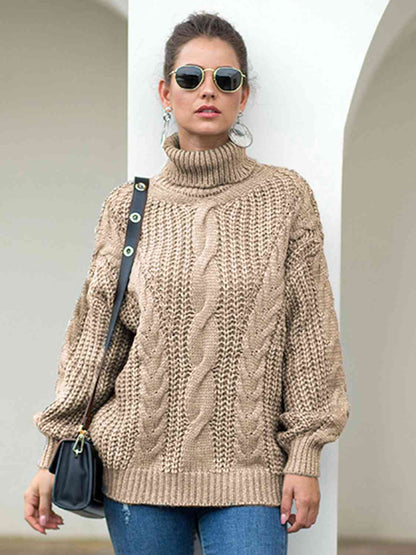 Turtleneck Cable-Knit Dropped Shoulder Sweater