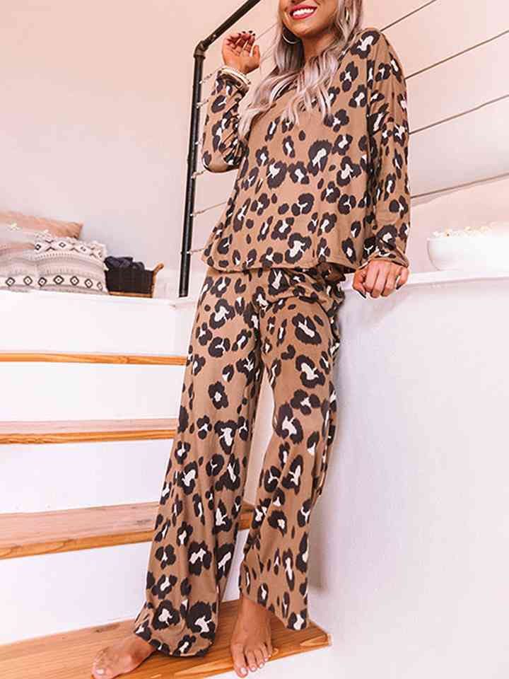 Leopard Long Sleeve Top and Pants Lounge Set