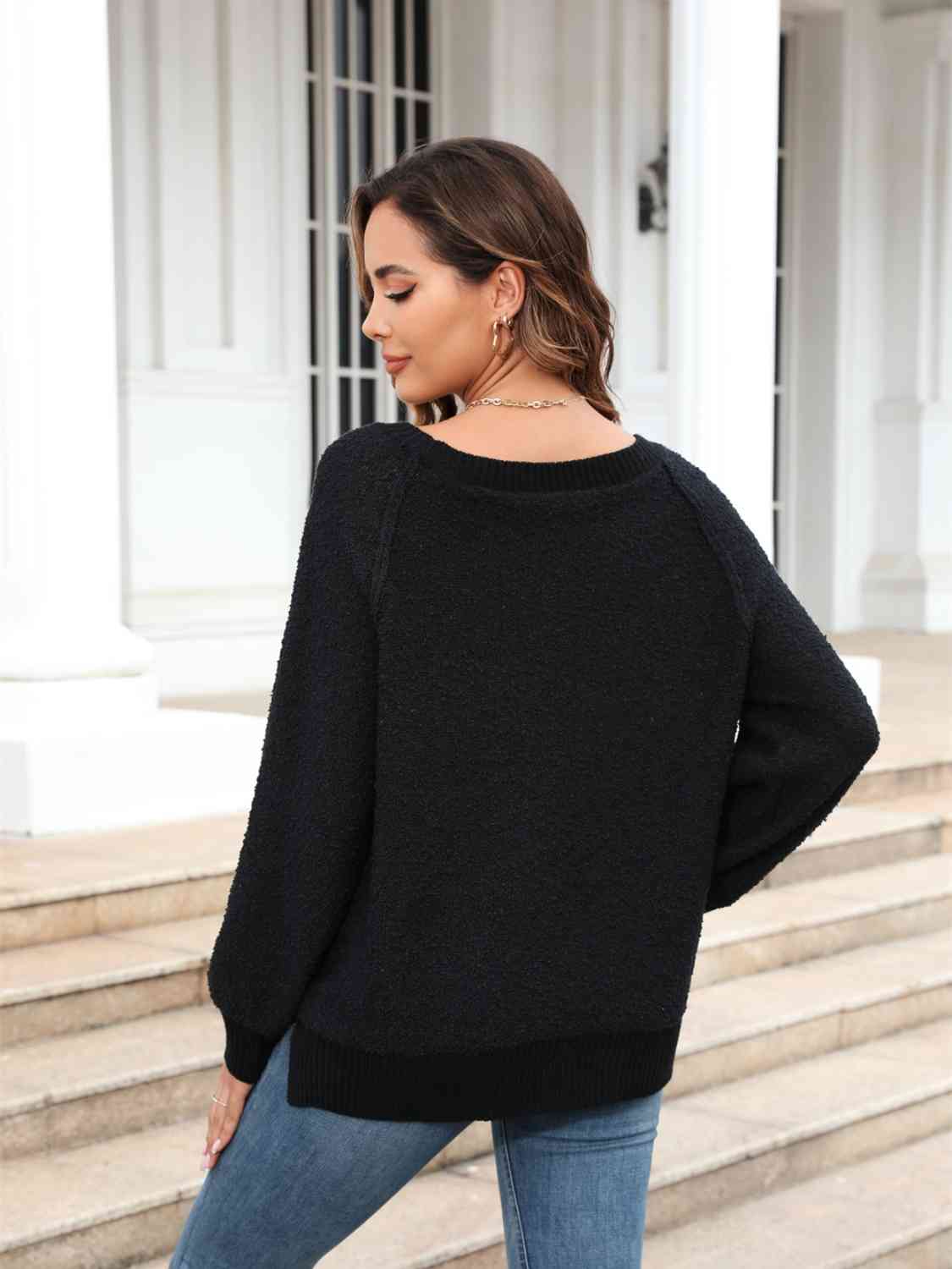 Round Neck Ribbed Trim Sweater