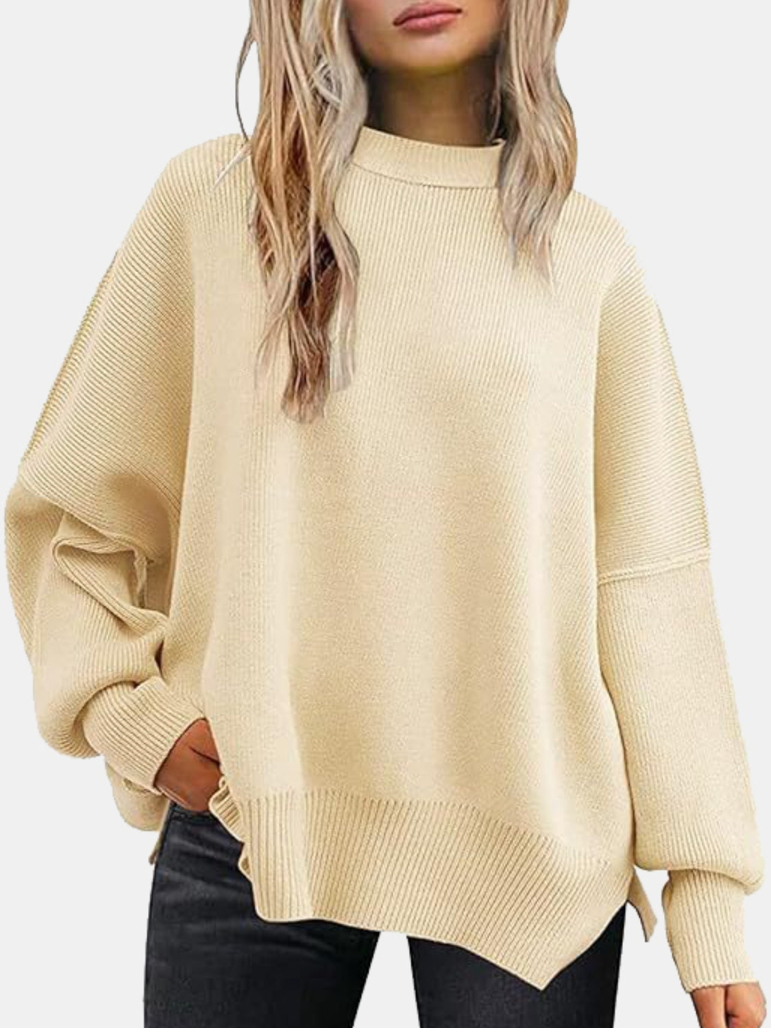 Round Neck Drop Shoulder Slit Sweater