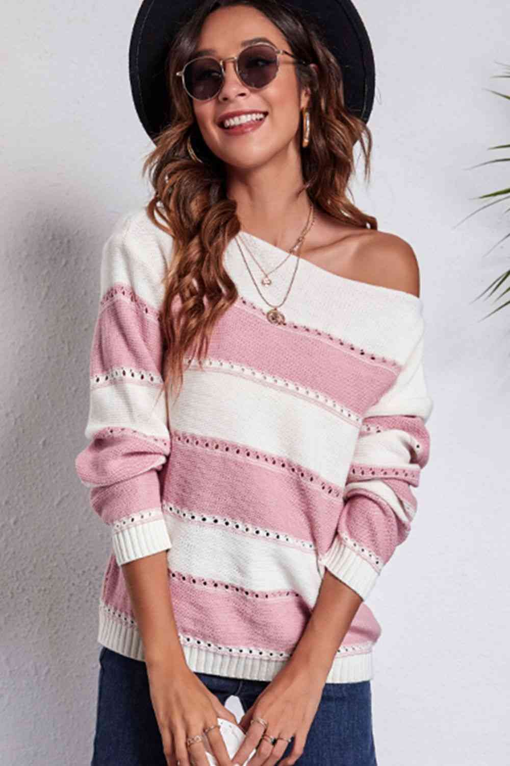 Striped Boat Neck Dropped Shoulder Sweater