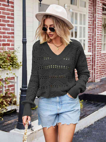 V-Neck Openwork Long Sleeve Sweater