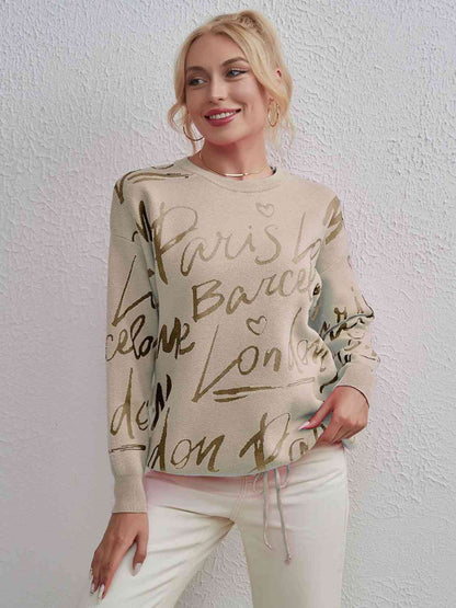 Letter Round Neck Drawstring Sweater