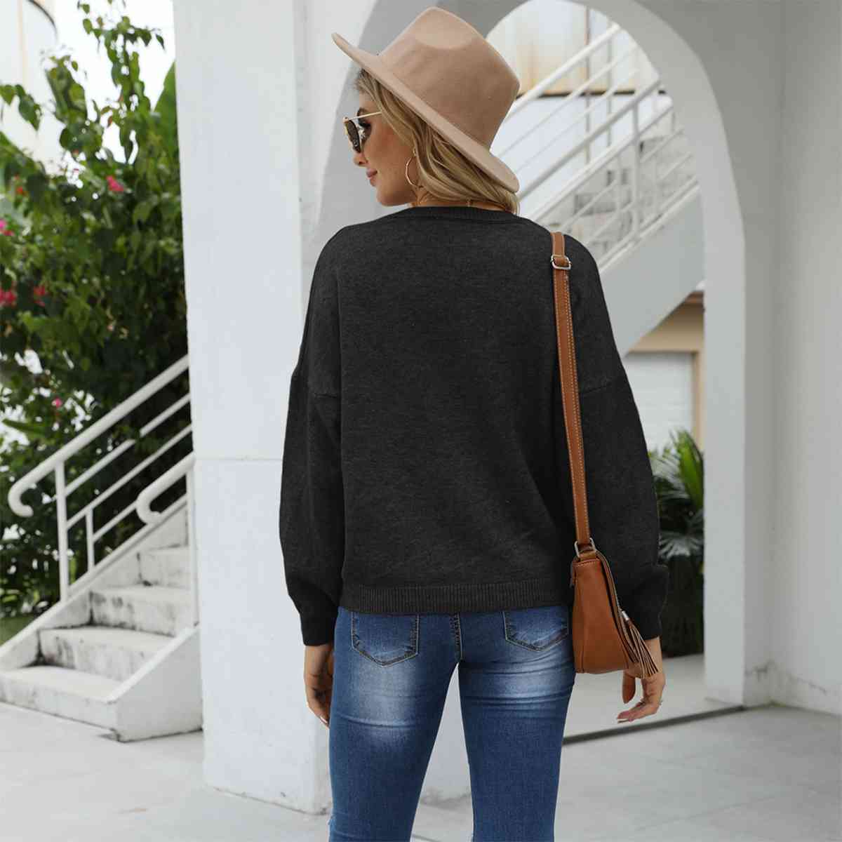 Round Neck Long Sleeve Drop Shoulder Sweater