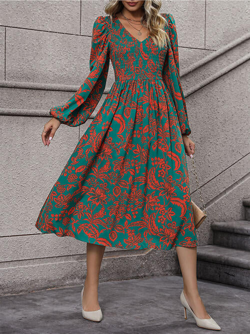 Printed Smocked V-Neck Balloon Sleeve Dress