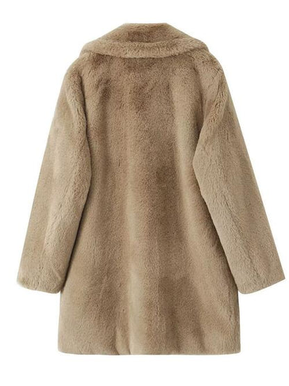 Faux Fur Button Up Lapel Neck Coat with Pocket