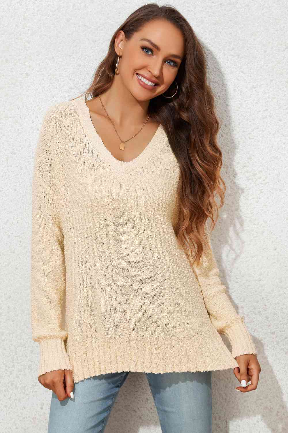 V-Neck Drop Shoulder Slit Sweater