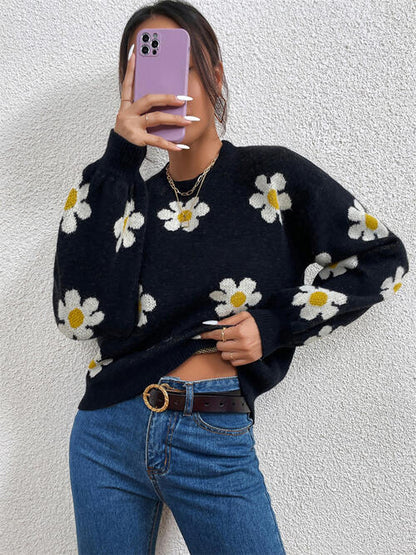 Flower Round Neck Latern Sleeve Sweater