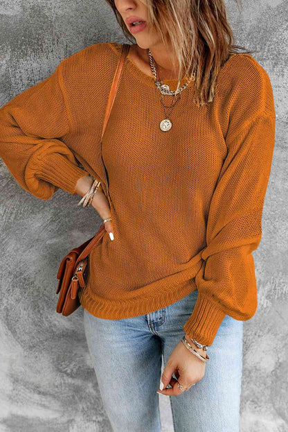 Double Take Tied Balloon Sleeve Round Neck Sweater