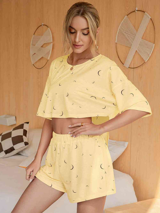 Moon Print T-Shirt and Shorts Lounge Set