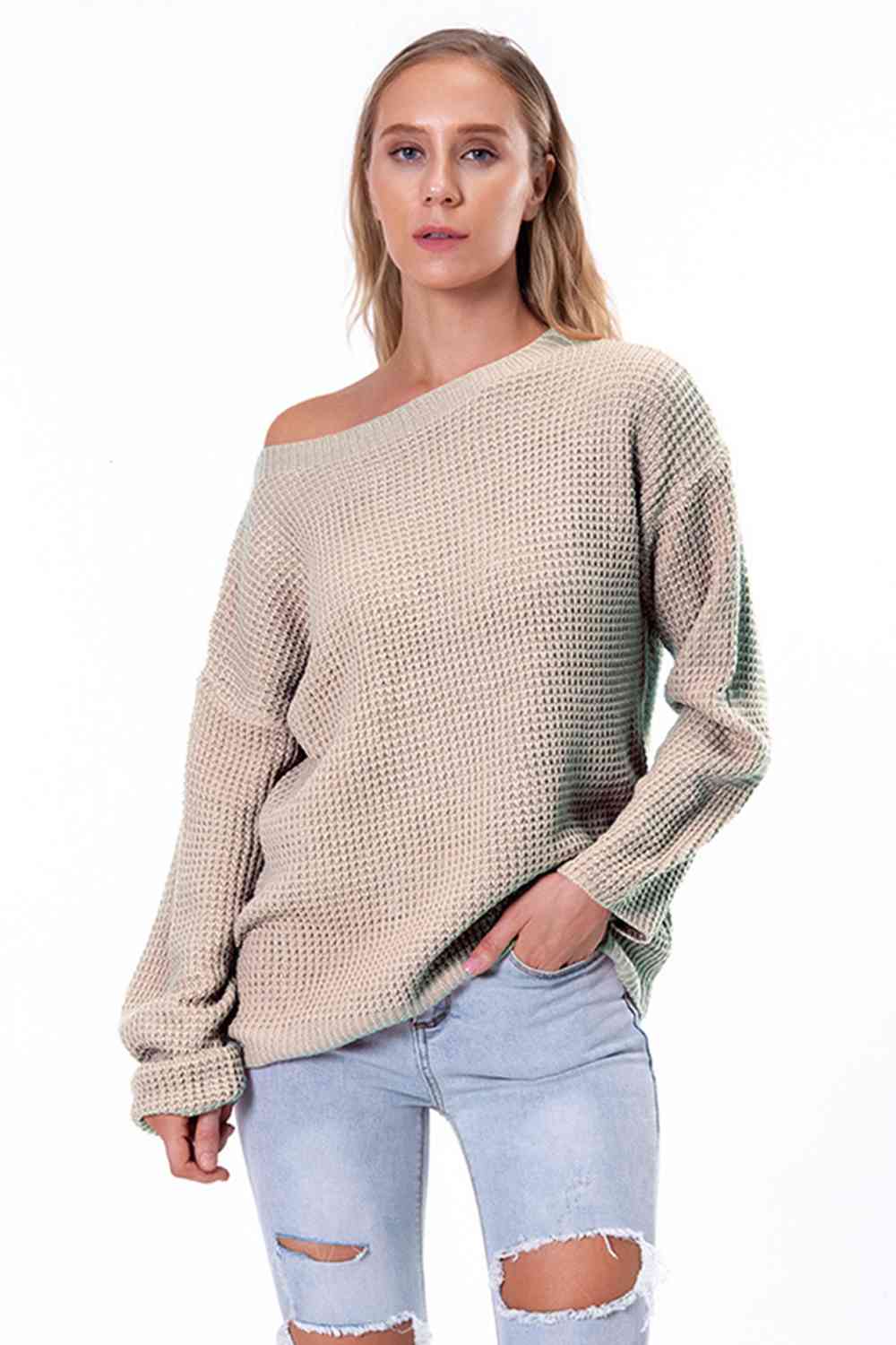 Boat Neck Drop Shoulder Long Sleeve Sweater