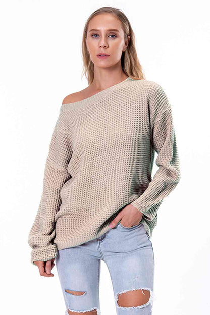 Boat Neck Drop Shoulder Long Sleeve Sweater