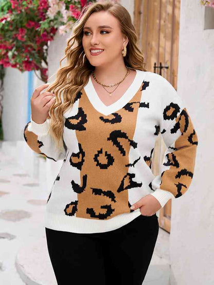 Plus Size Printed V-Neck Long Sleeve Sweater