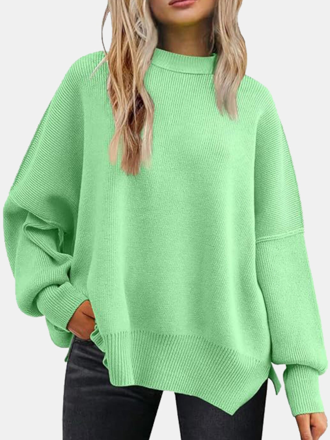 Round Neck Drop Shoulder Slit Sweater