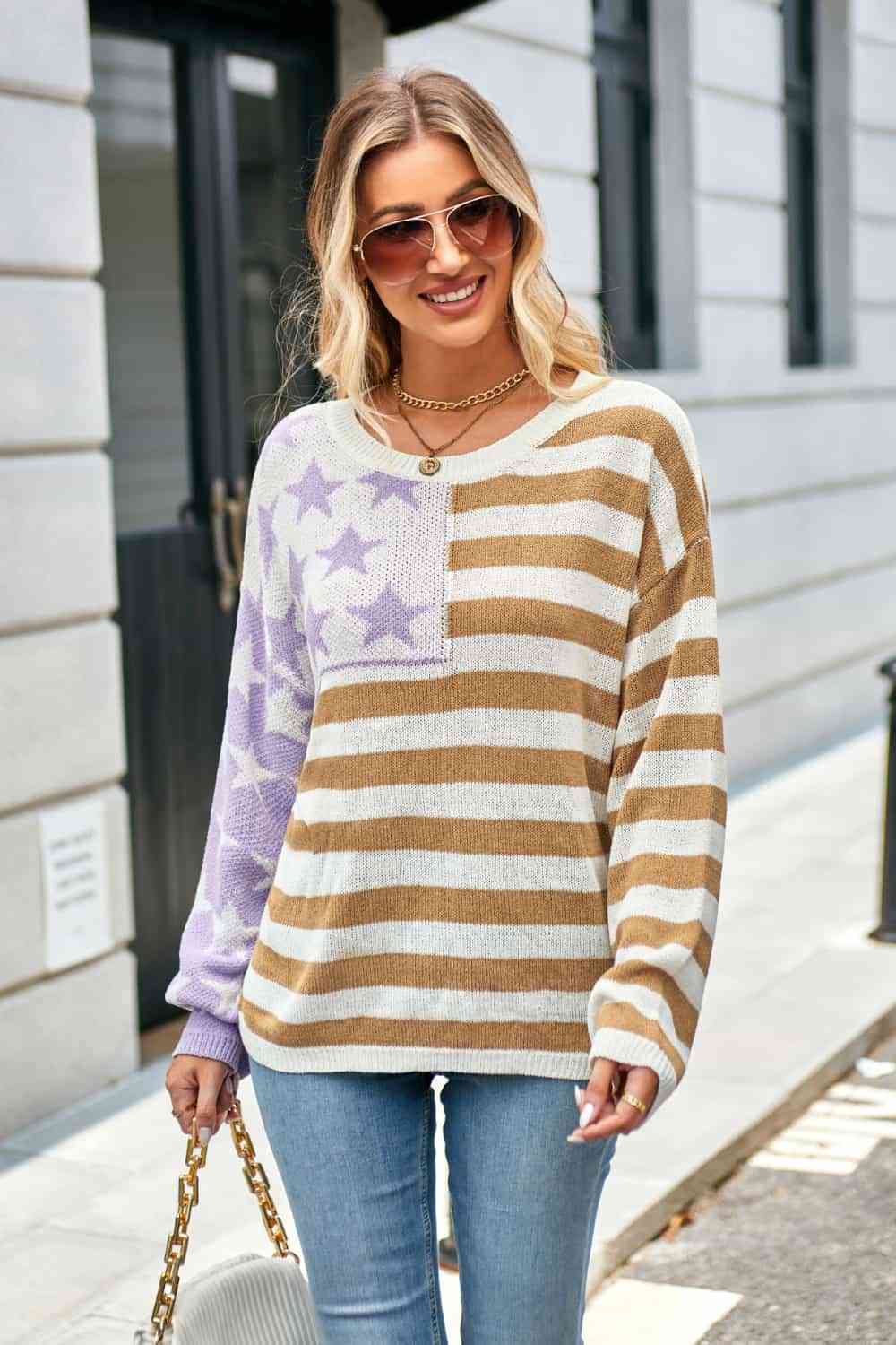 Round Neck US Flag Dropped Shoulder Sweater