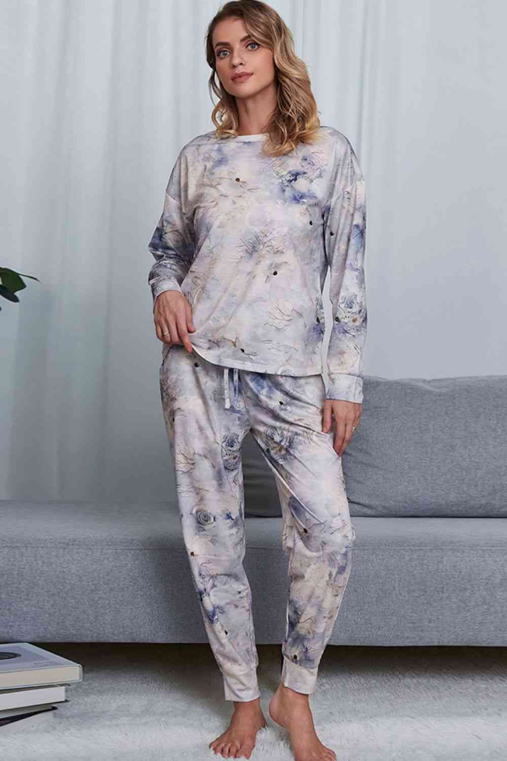 Tie-Dye Crewneck Top and Drawstring Waist Joggers Lounge Set