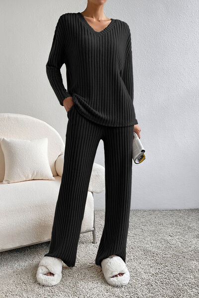 Ribbed V-Neck Top and Pants Lounge Set