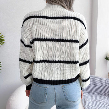 Striped Mock Neck Dropped Shoulder Sweater