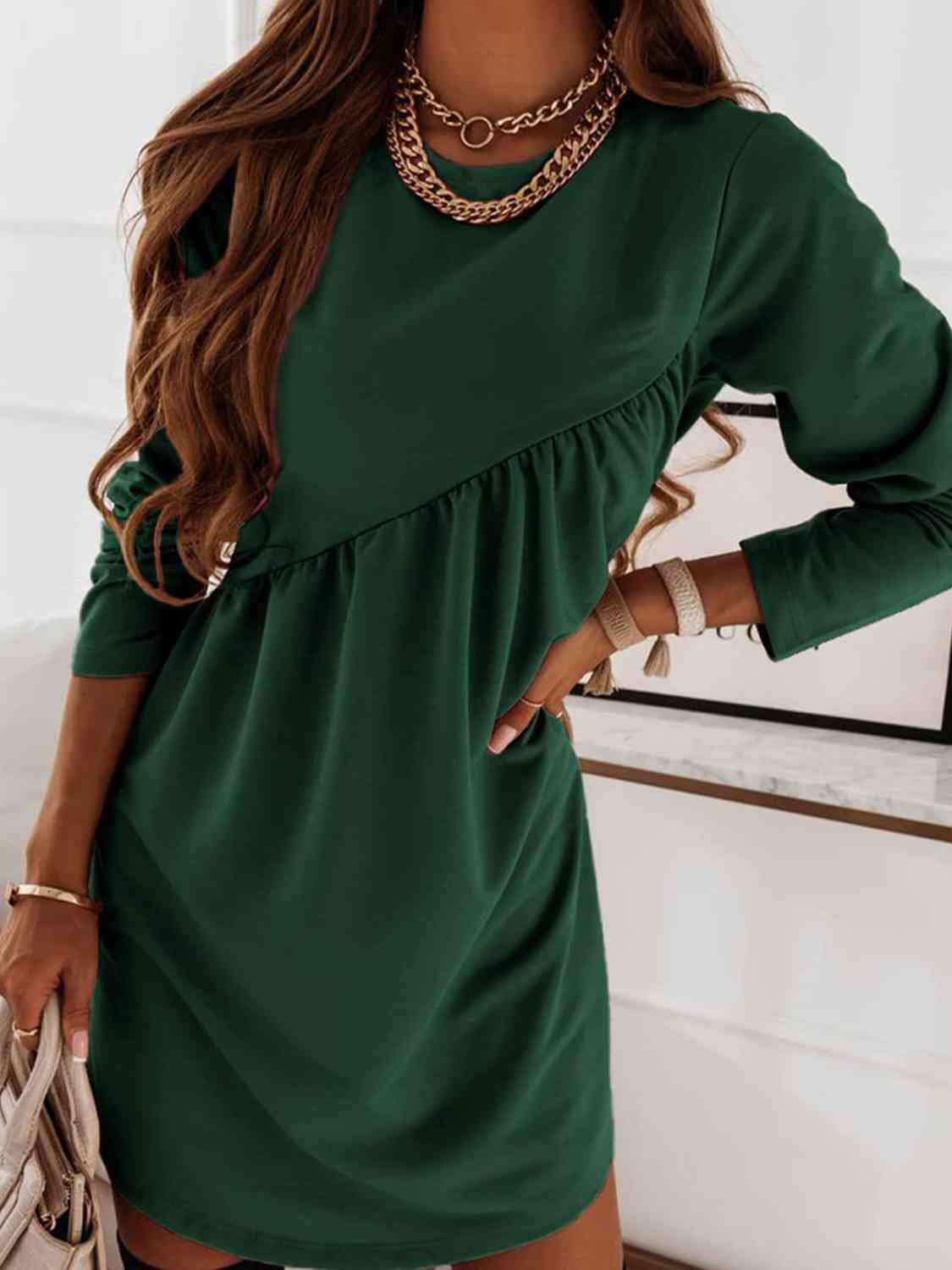 Ruched Round Neck Long Sleeve Dress