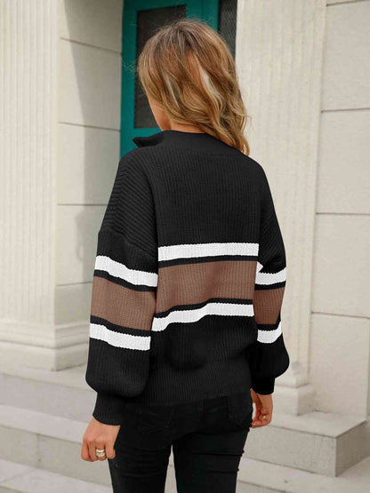 Striped Quarter-Zip Lantern Sleeve Sweater