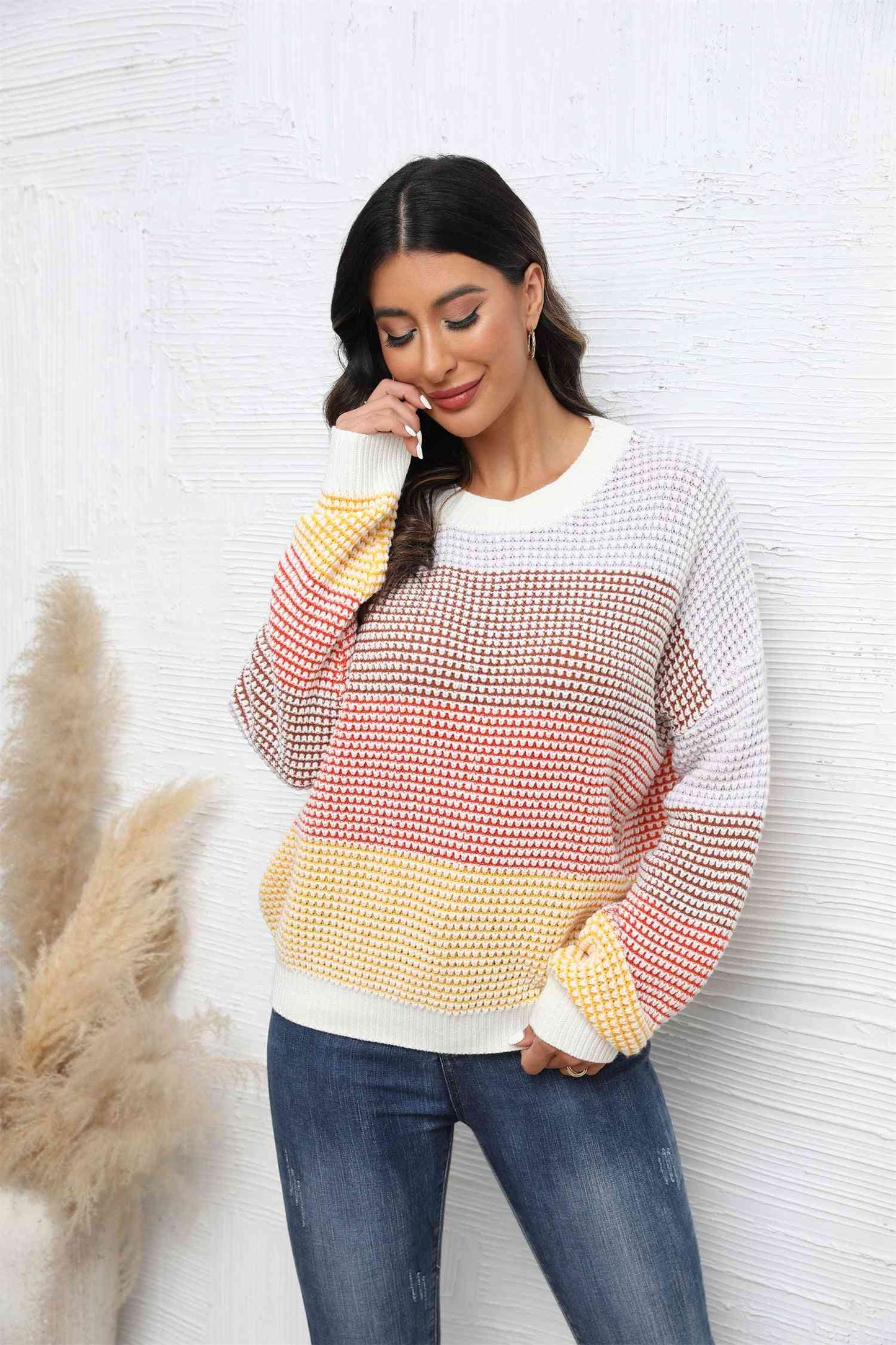 Waffle-Knit Round Neck Dropped Shoulder Color Block Sweater