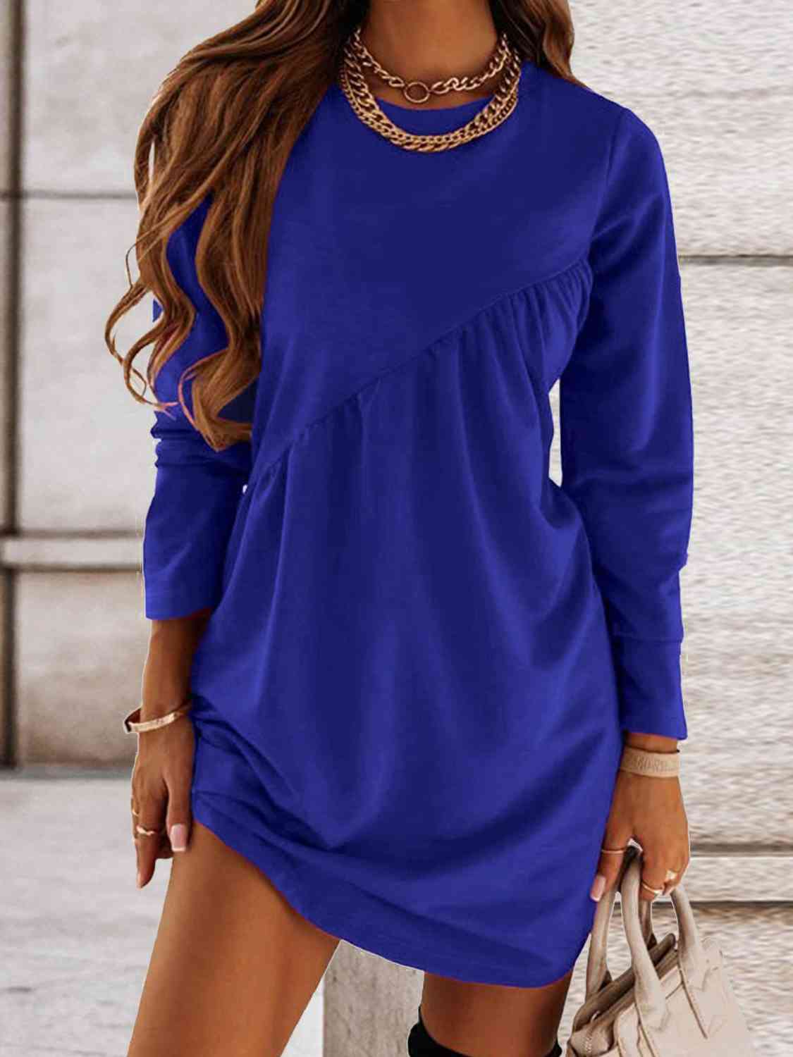 Ruched Round Neck Long Sleeve Dress