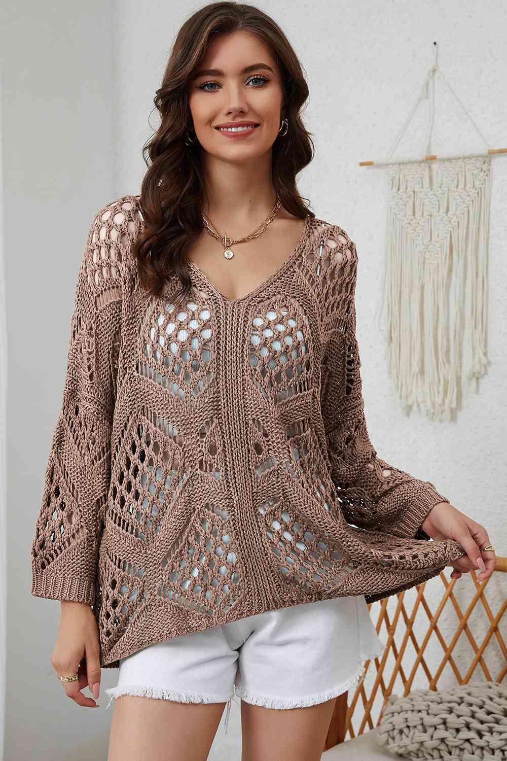 Openwork V-Neck Sweater